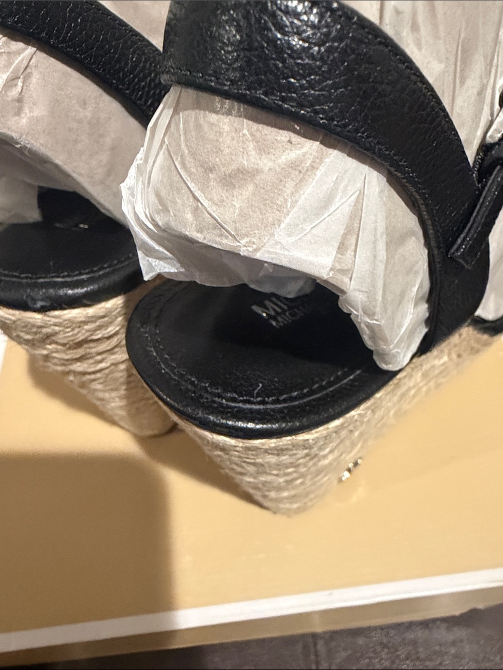 Michael Kors Black Leather Espadrille Wedge Sandals with Ankle Strap - Picture 7 of 10